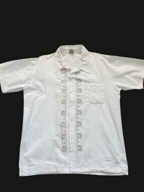 Adis Men's White Embroidered Guayabera Short Sleeve Button Shirt Cotton -Size 40